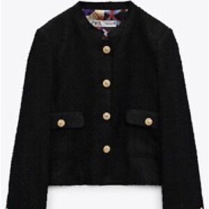 Zara Black Tweed Blazer Jacket with Gold Accents